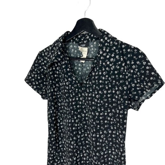 Vintage 90s Black White Micro Floral Short Sleeve Collared Knee Length Dress Sma - Picture 3 of 9
